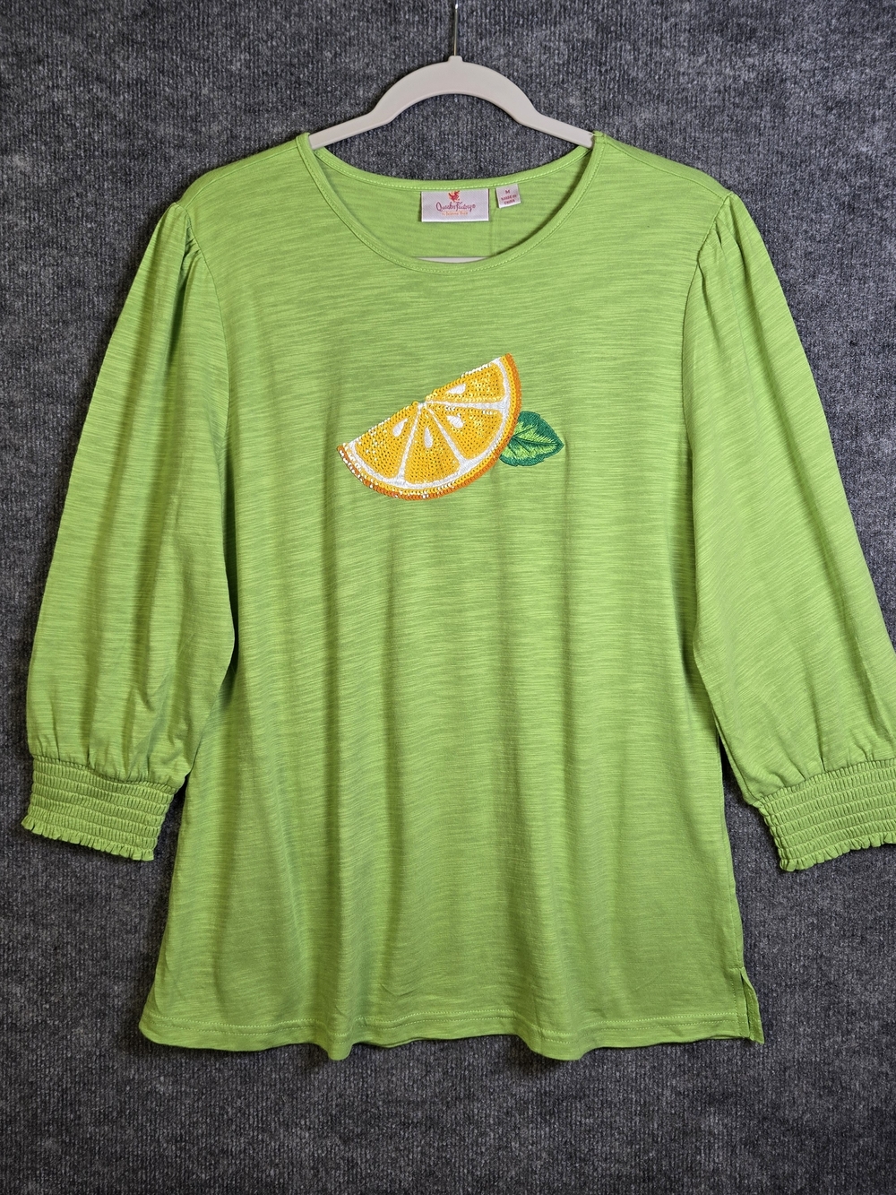 Quacker Factory Top Womens M Lime Green Citrus Knit Sequins Puff Sleeve Tee New